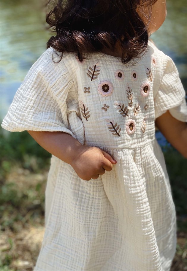 62478 - 5078CigitFlower Embroidered Butterfly Sleeve Dress 2-8 Ages Cream