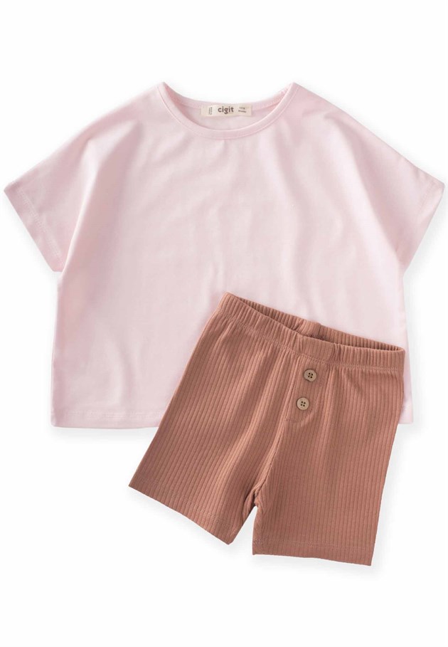 62601 - 5002CigitShort Leggings Top Wide Cut T-Shirt Suit 1-7 Years Powder Pink