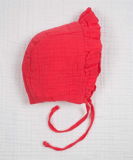 61557-1CigitBağlamalı Fırfırlı Müslim Bebek Şapka 0-2 yaş Kırmızı
